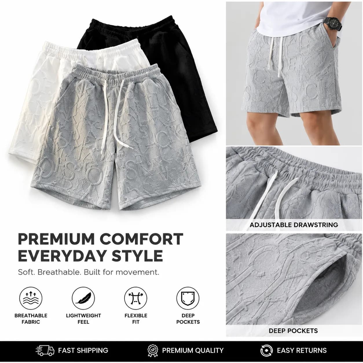 Brand Premium Waffle Casual Shorts Men Sport Loose Wide leg Running Shorts Letter Beach Baggy Board Cargo Shorts Male